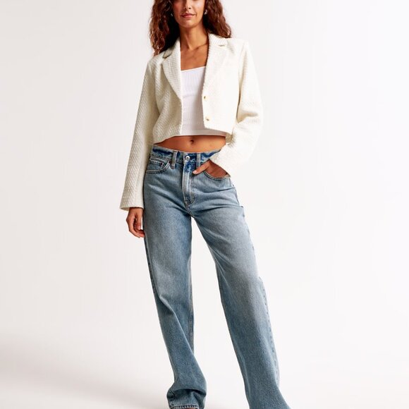 Abercrombie & Fitch Cropped Tweed Blazer Cream Size Small - Picture 5 of 8